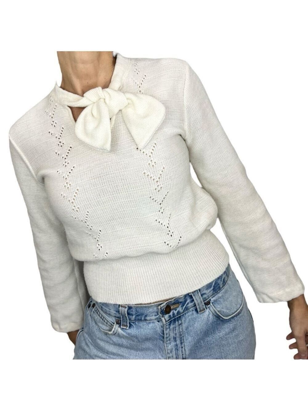 Vintage 60s 70s Young Canada ivory cropped tie neck bow cropped sweater